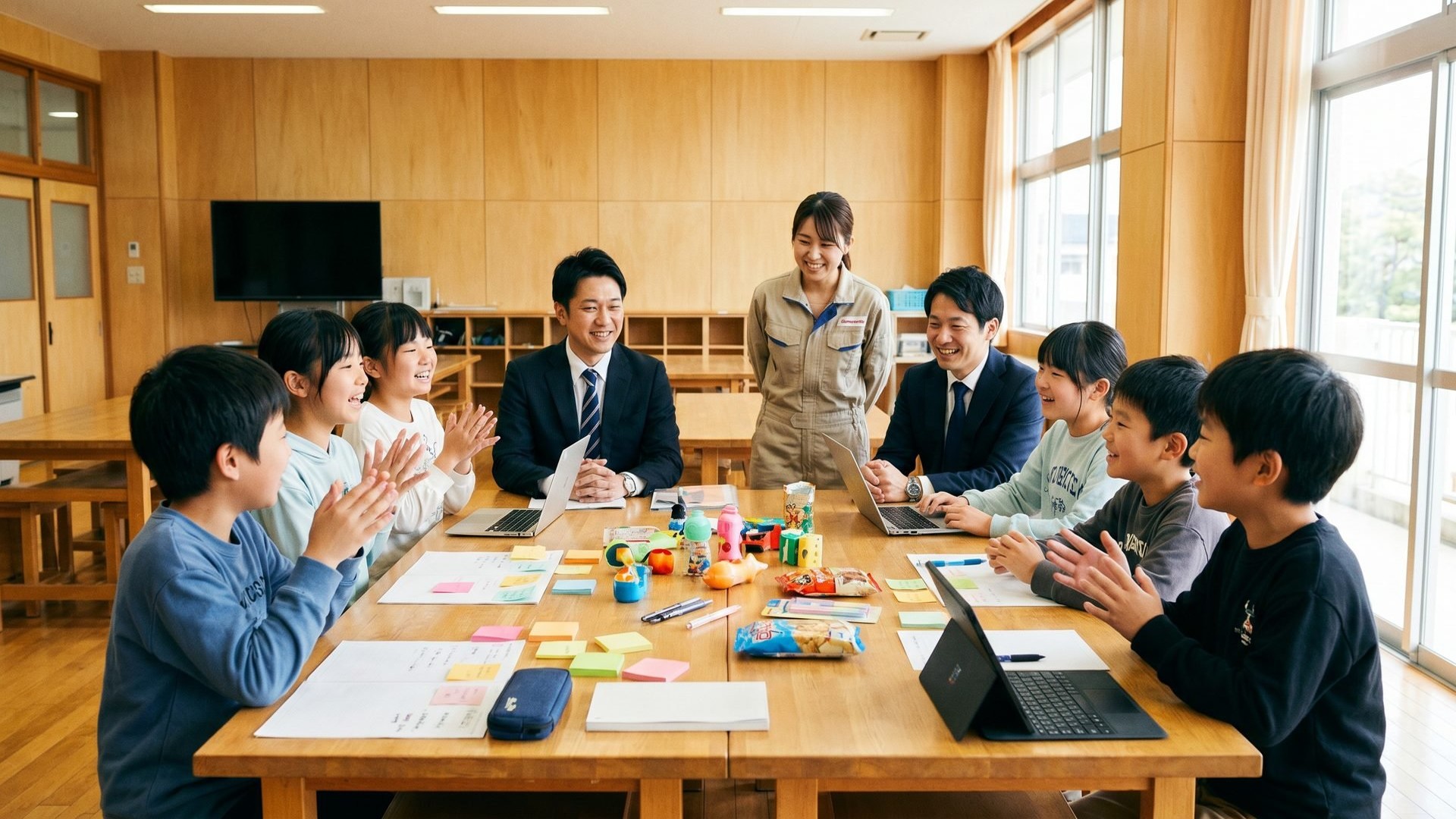 児童が企業担当者と商品企画について話し合う様子
